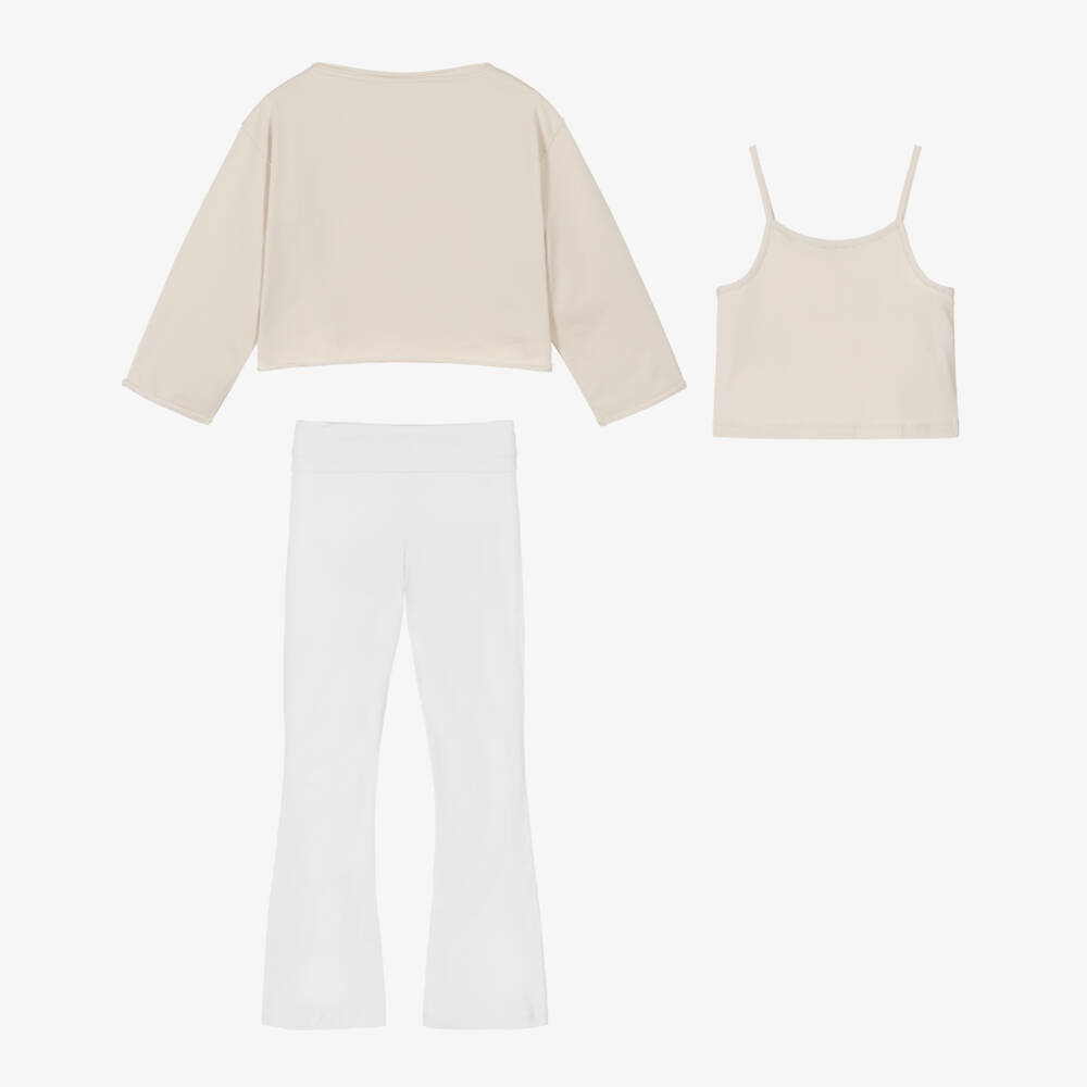 iDO-Girls Beige & White Cotton Jersey Leggings Set | Childrensalon