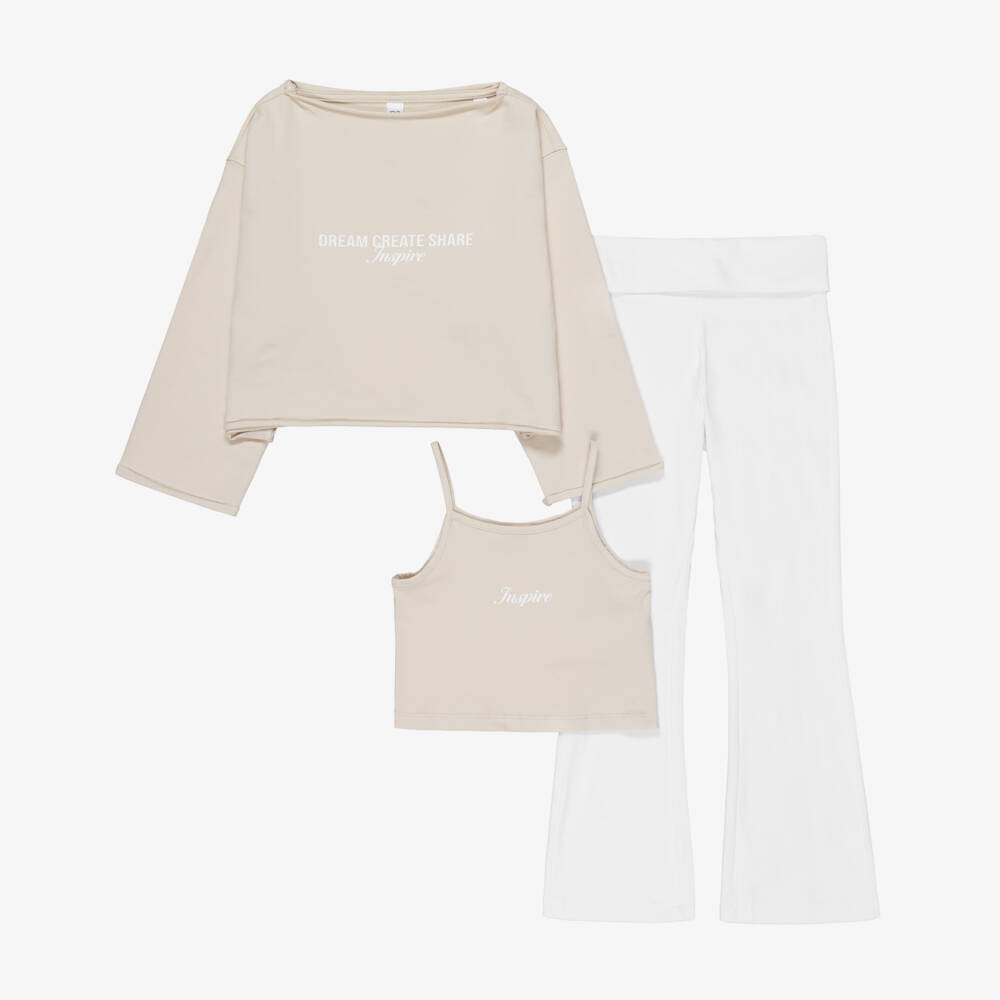 iDO-Girls Beige & White Cotton Jersey Leggings Set | Childrensalon