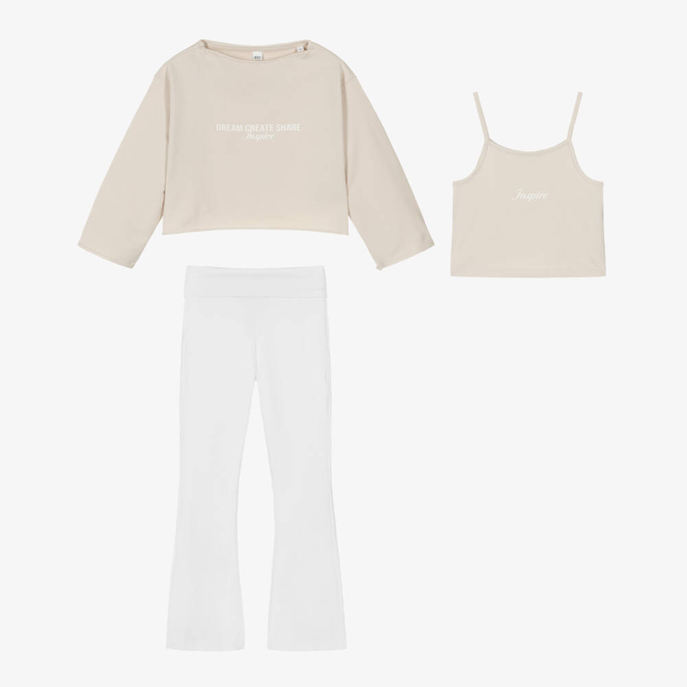 iDO-Girls Beige & White Cotton Jersey Leggings Set | Childrensalon