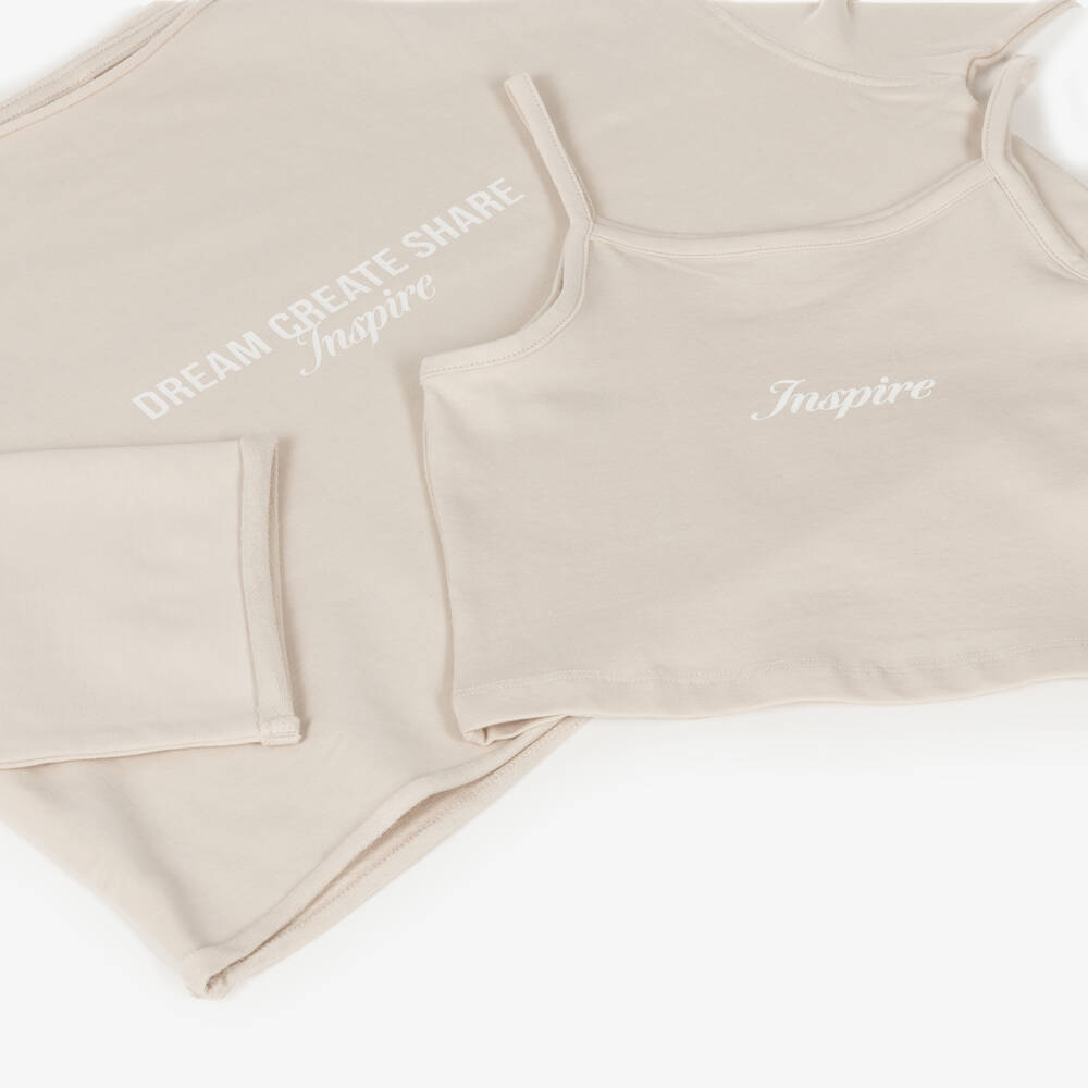 iDO-Girls Beige & White Cotton Jersey Leggings Set | Childrensalon