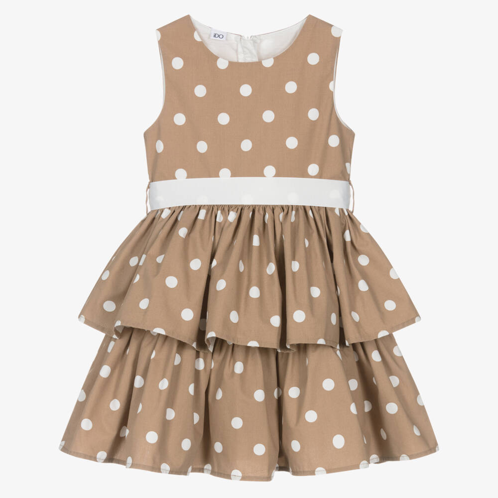 iDO-فستان بنقاط بولكا لون بيج وأبيض للبنات | Childrensalon