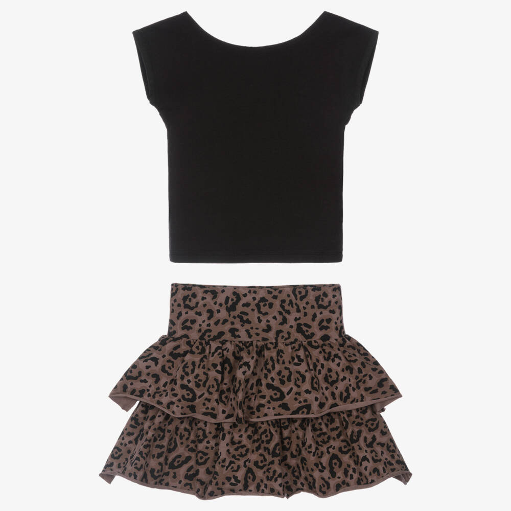 iDO-Girls Black & Brown Leopard Print Skirt Set | Childrensalon