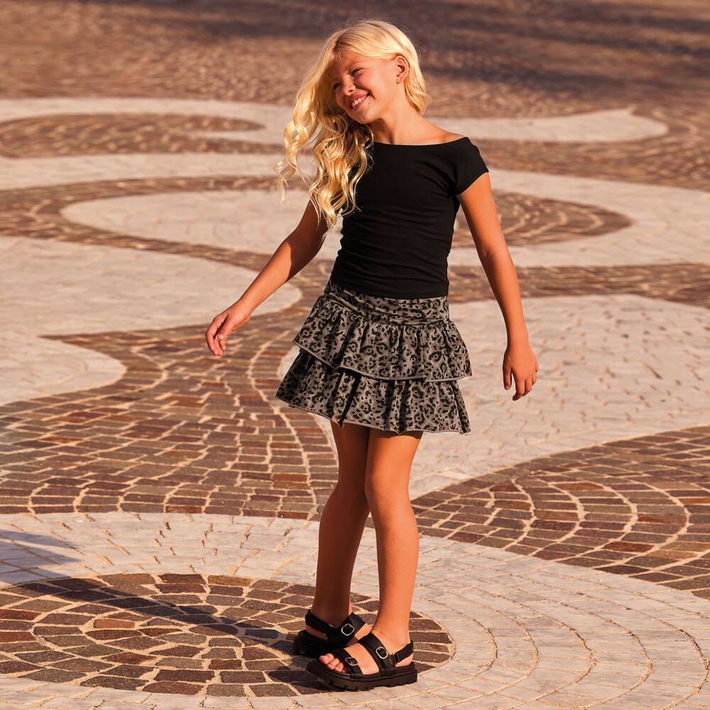 iDO-Girls Black & Brown Leopard Print Skirt Set | Childrensalon