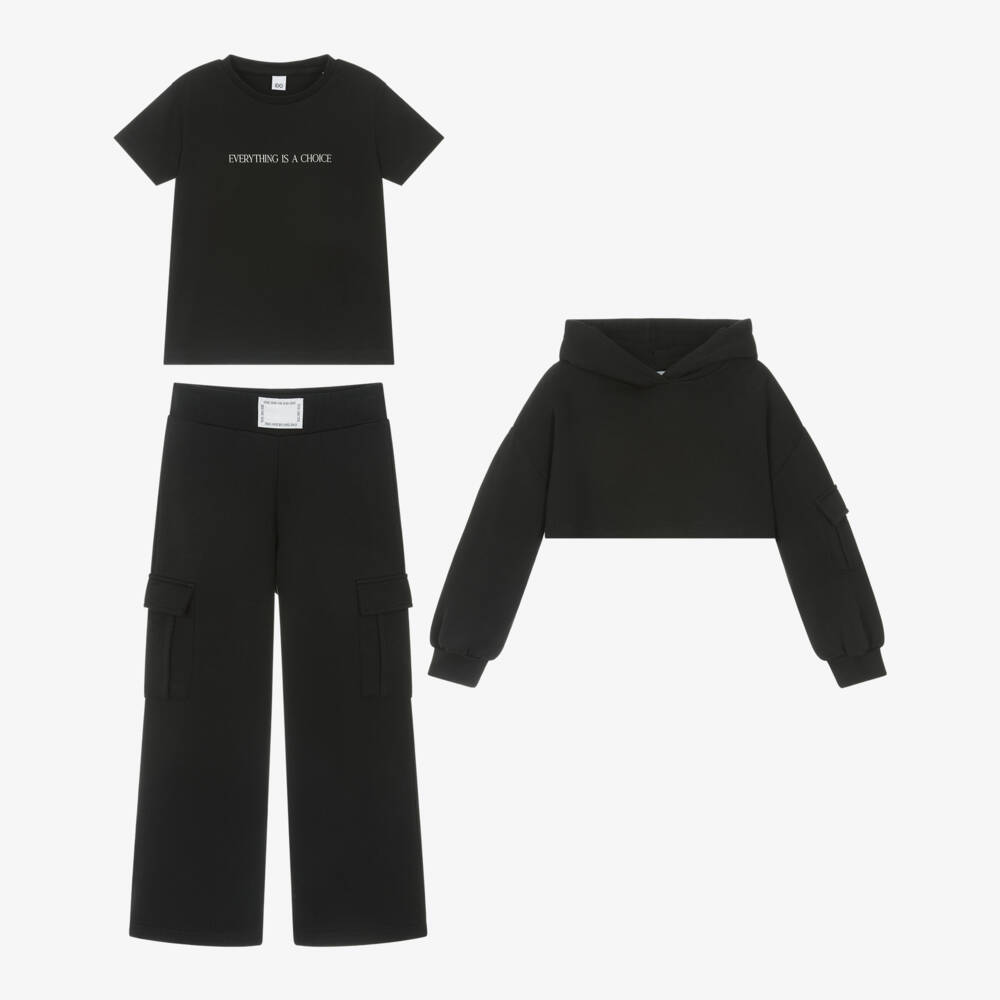 iDO Junior-Girls Black Cotton Tracksuit Set with Cargo Pockets | Childrensalon