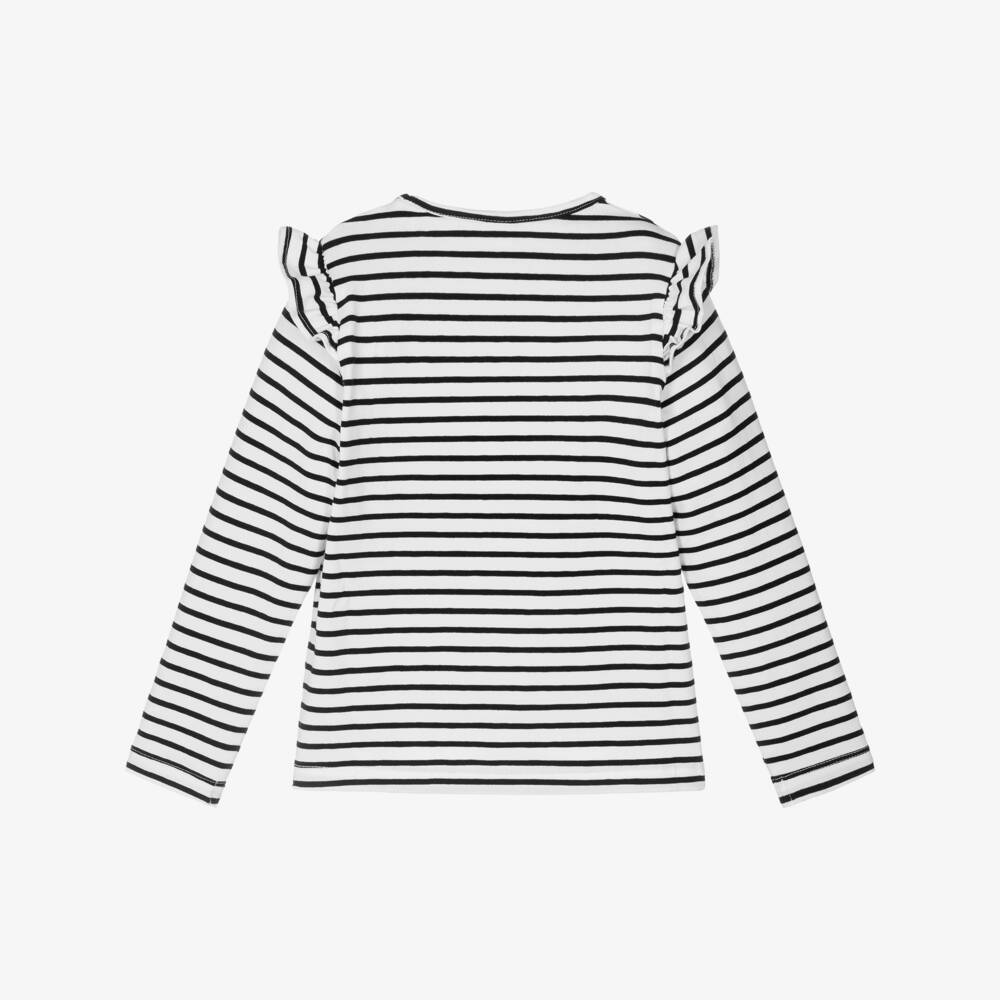 iDO-Girls Black & White Striped Top with Diamanté Bows | Childrensalon