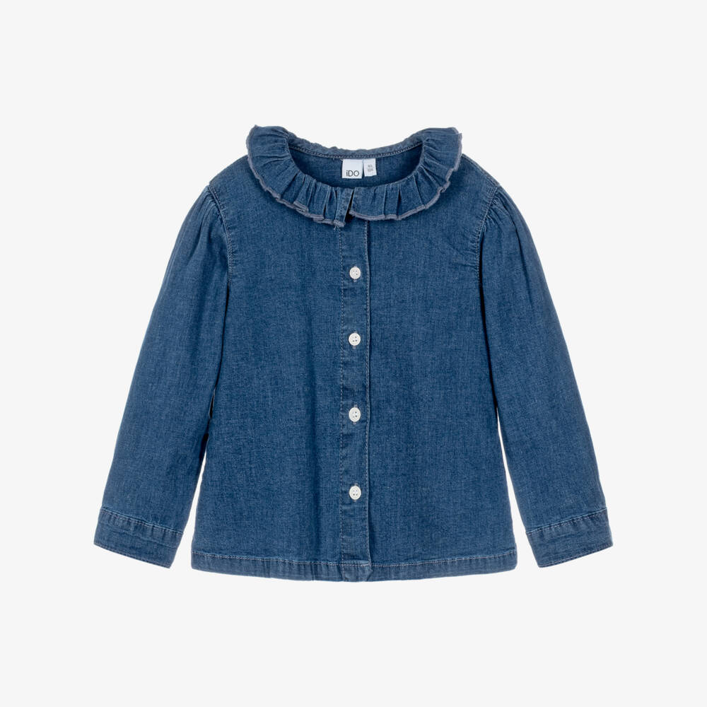 iDO-Girls Blue Chambray Blouse with Ruffle Collar | Childrensalon