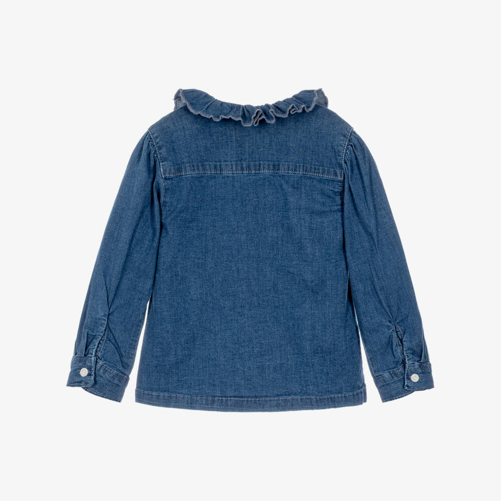 iDO-Girls Blue Chambray Blouse with Ruffle Collar | Childrensalon