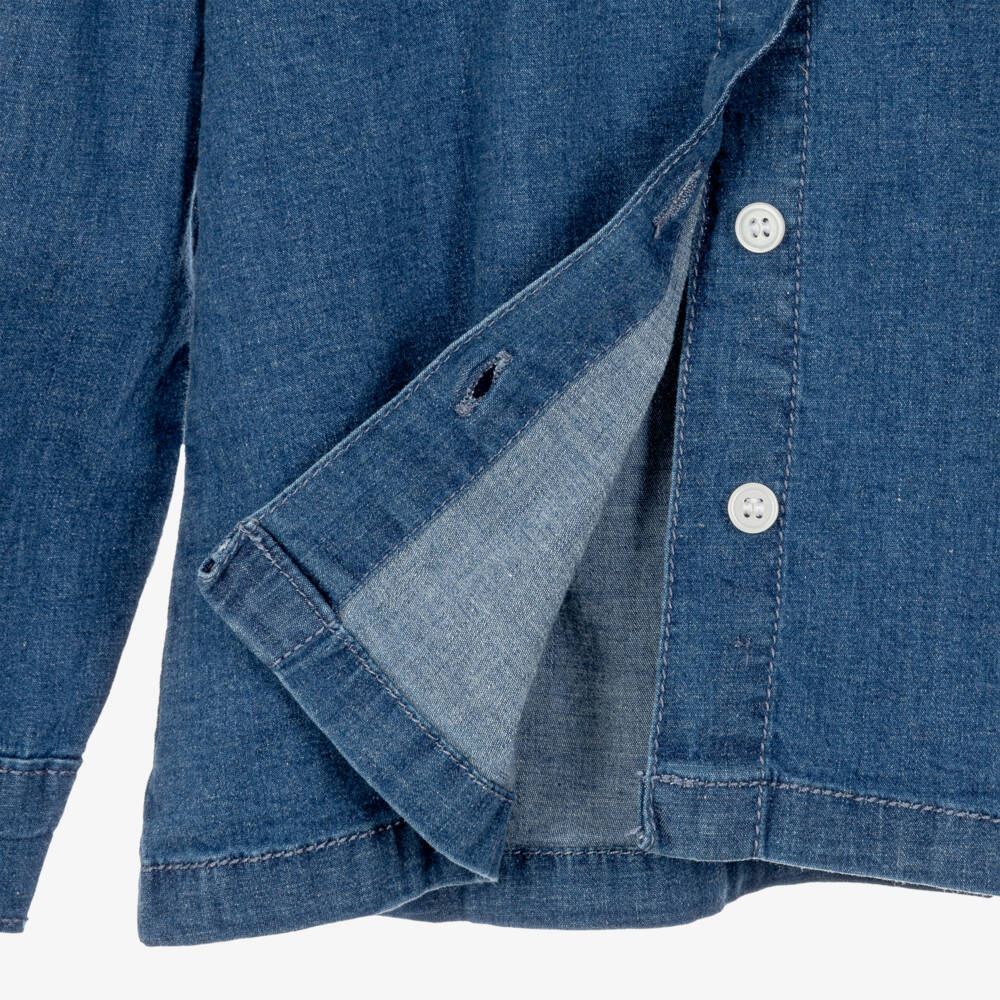 iDO-Girls Blue Chambray Blouse with Ruffle Collar | Childrensalon