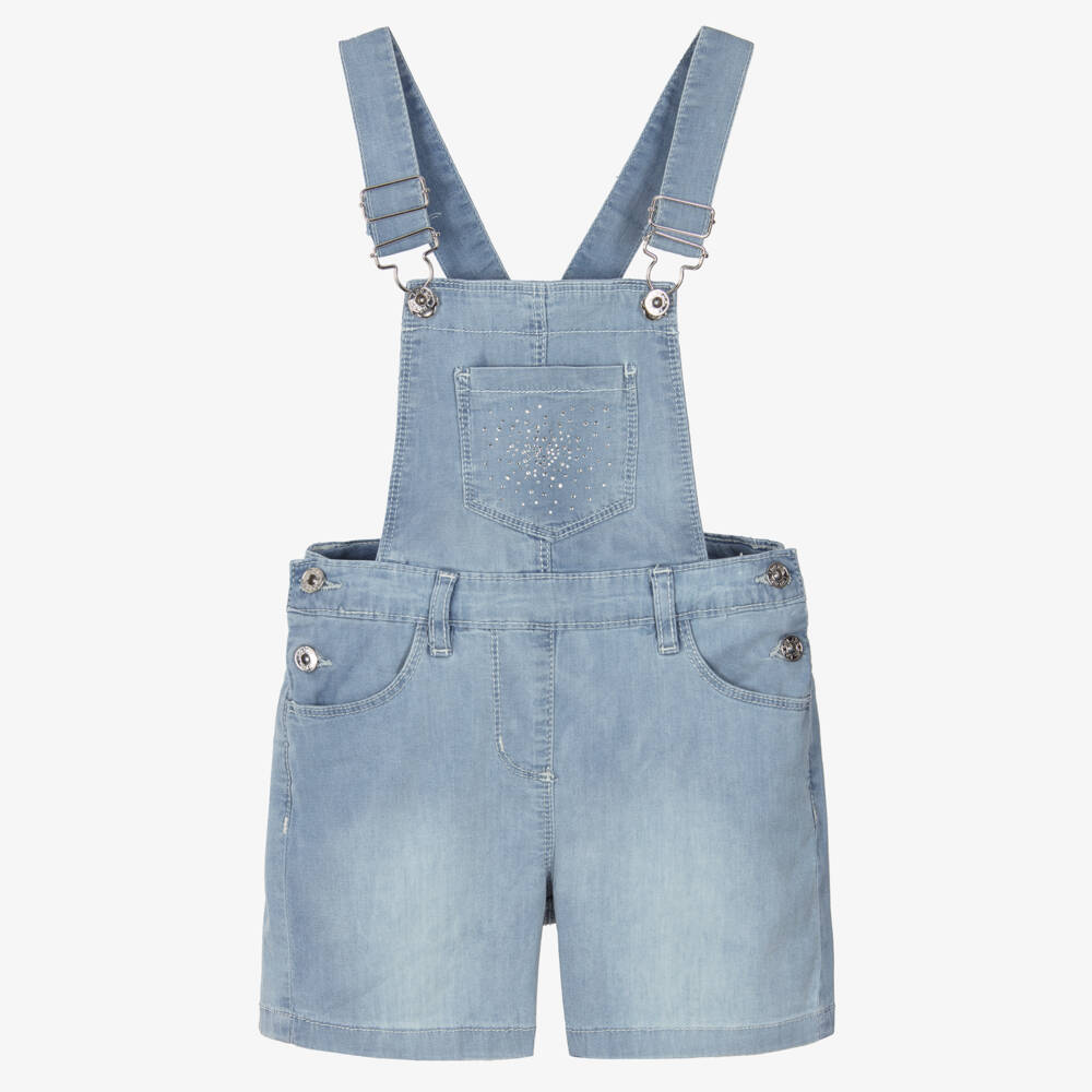 iDO-Girls Blue Cotton Chambray Dungaree Shorts with Diamantés | Childrensalon