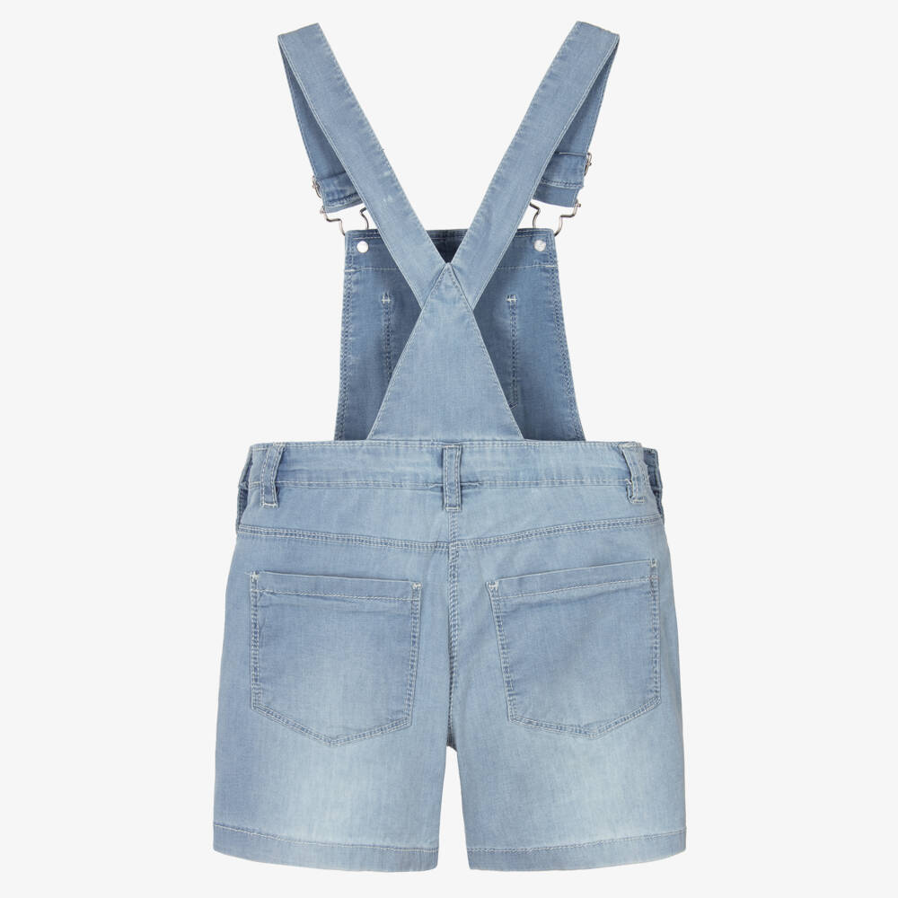 iDO-Girls Blue Cotton Chambray Dungaree Shorts with Diamantés | Childrensalon