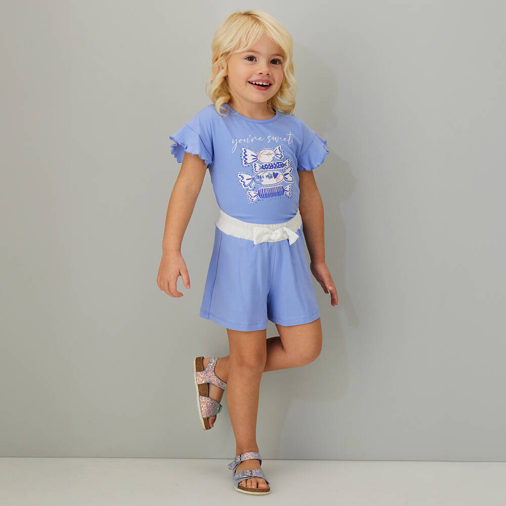 iDO-Girls Blue Cotton Shorts Set with Sweets Graphic | Childrensalon