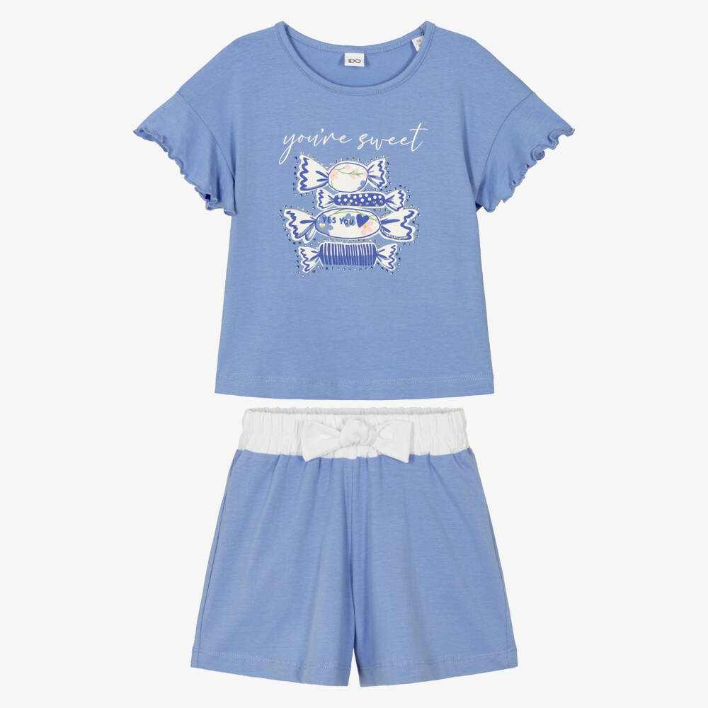 iDO-Girls Blue Cotton Shorts Set with Sweets Graphic | Childrensalon