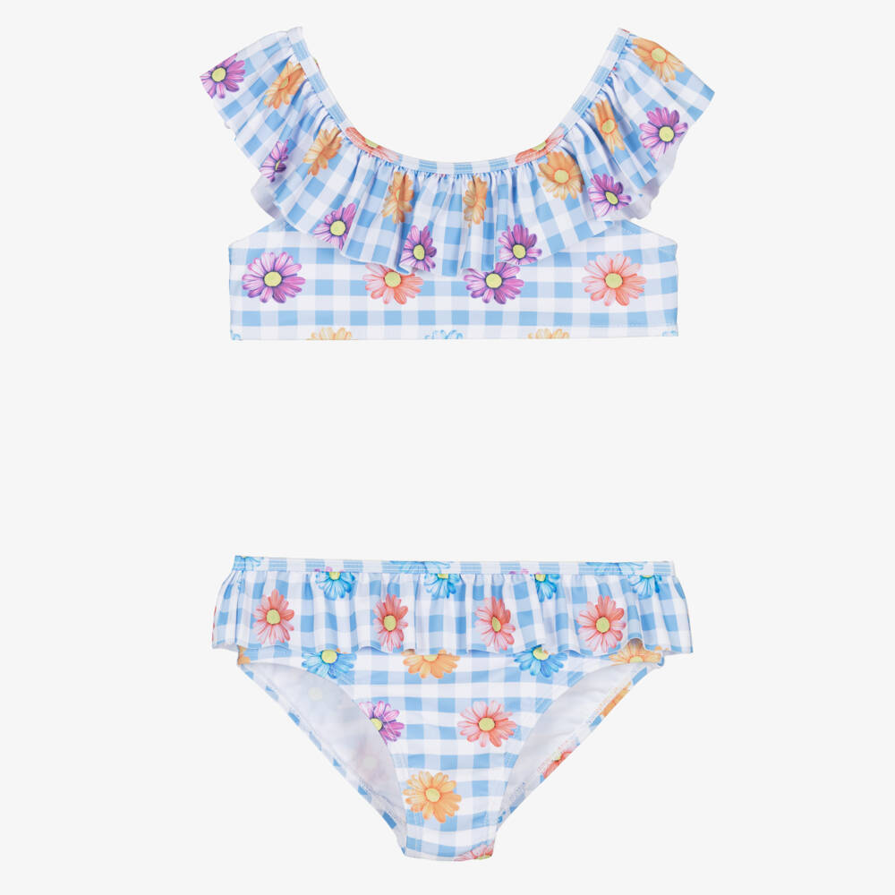 iDO-Girls Blue Gingham Check Bikini with Floral Print | Childrensalon