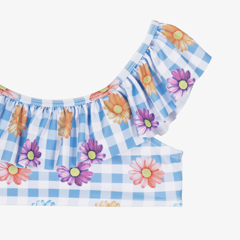iDO-Girls Blue Gingham Check Bikini with Floral Print | Childrensalon