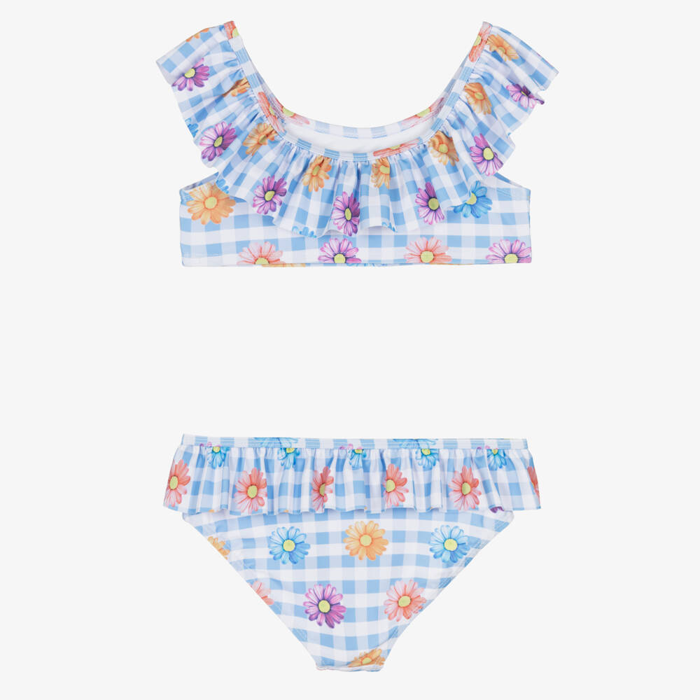 iDO-Girls Blue Gingham Check Bikini with Floral Print | Childrensalon