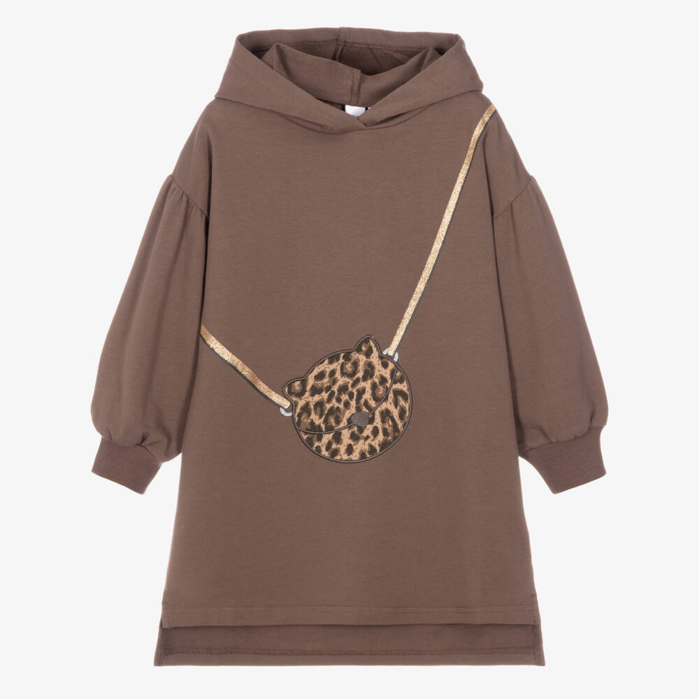 iDO-Girls Brown Hooded Cotton Jersey Dress | Childrensalon
