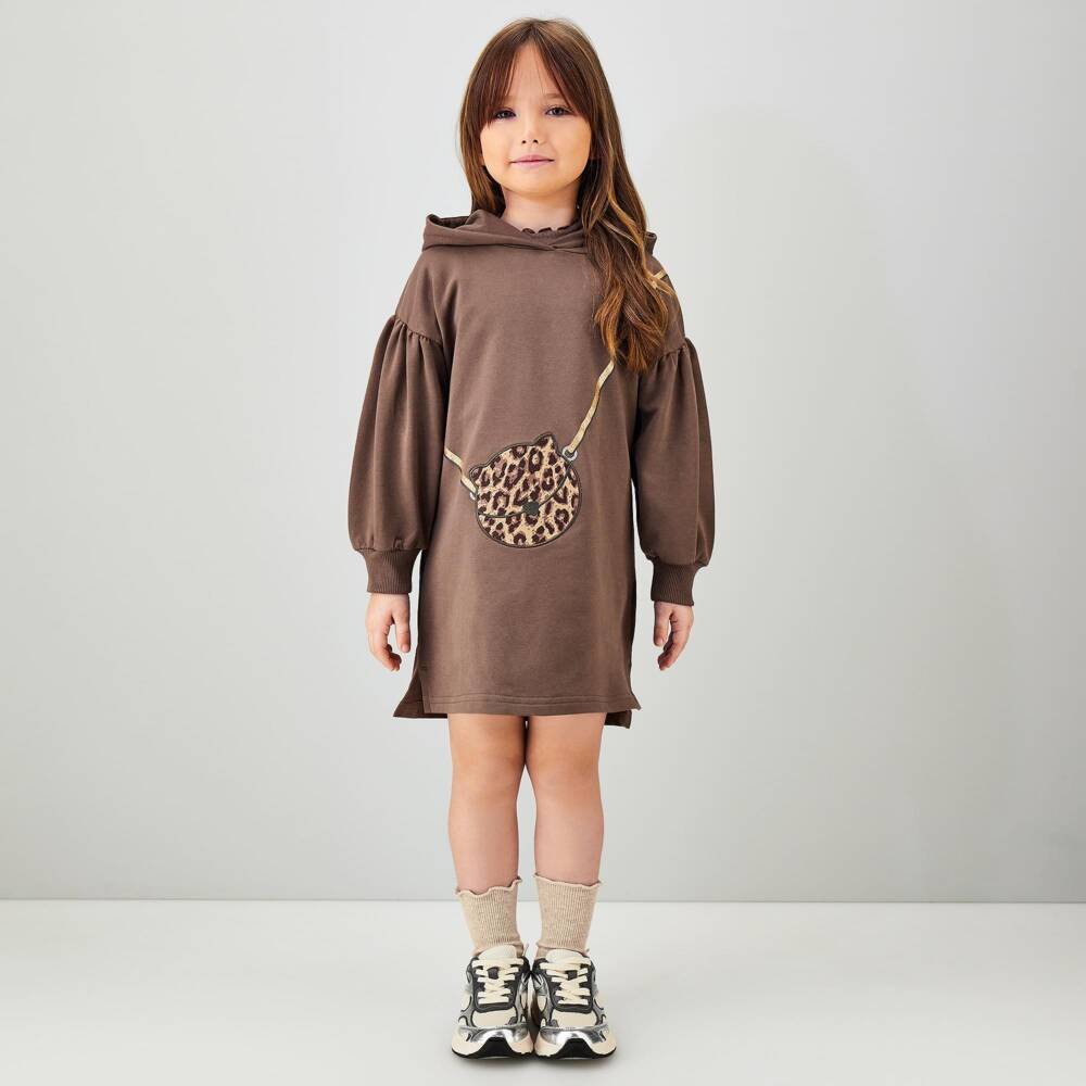 iDO-Girls Brown Hooded Cotton Jersey Dress | Childrensalon
