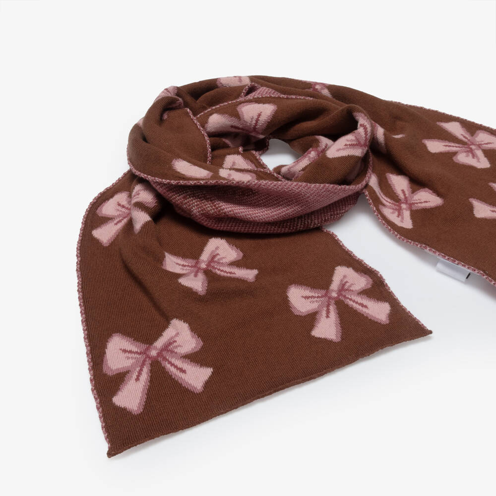 iDO-Girls Brown & Pink Cotton Knit Scarf with Bow Pattern | Childrensalon