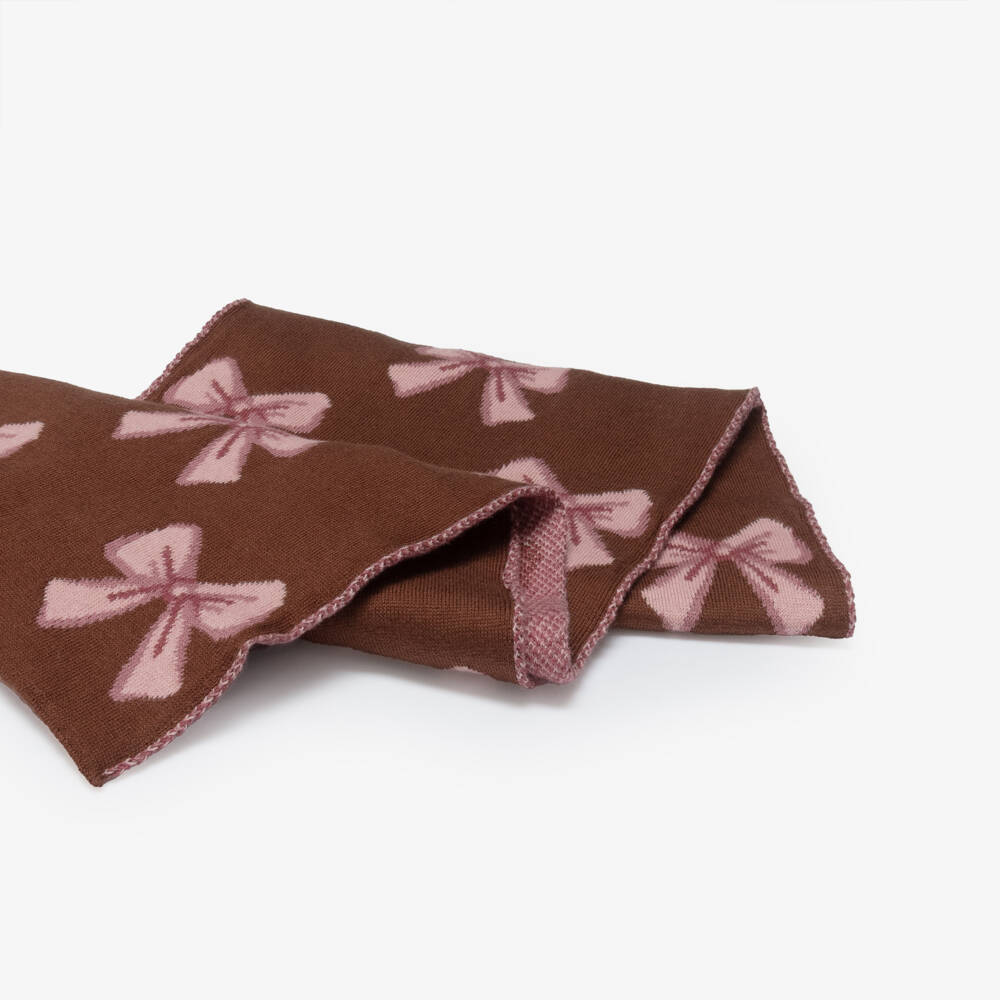 iDO-Girls Brown & Pink Cotton Knit Scarf with Bow Pattern | Childrensalon