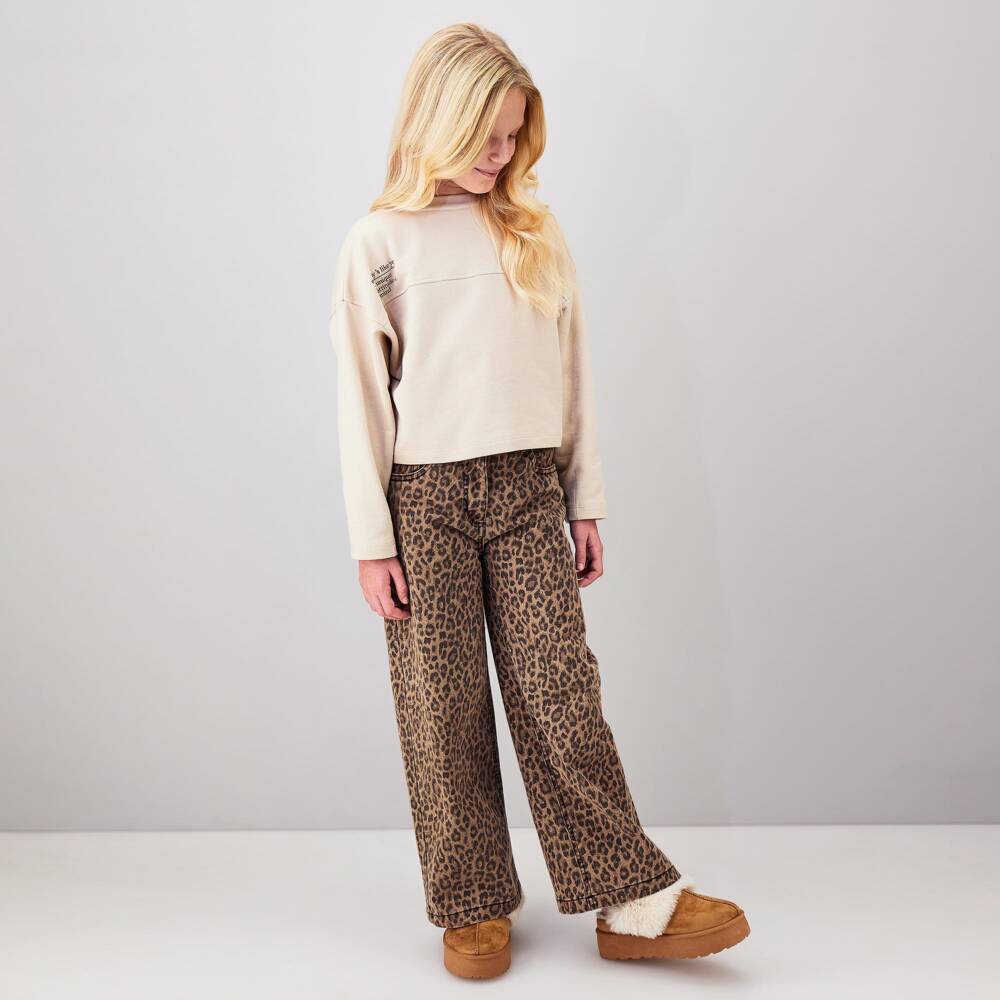 iDO-Girls Brown Wide Leg Jeans in Leopard Print | Childrensalon