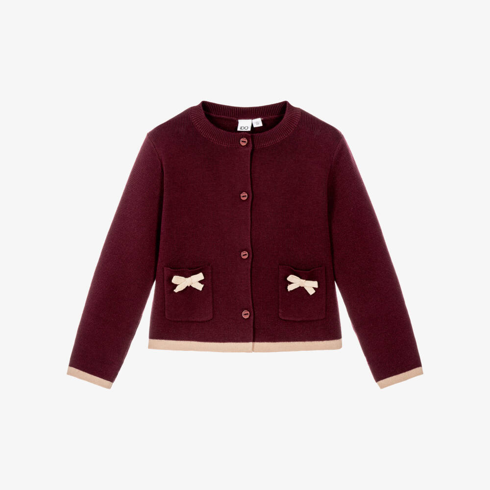 iDO-Girls Burgundy Knitted Cardigan with Beige Trims | Childrensalon