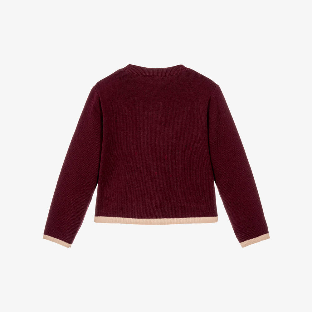 iDO-Girls Burgundy Knitted Cardigan with Beige Trims | Childrensalon