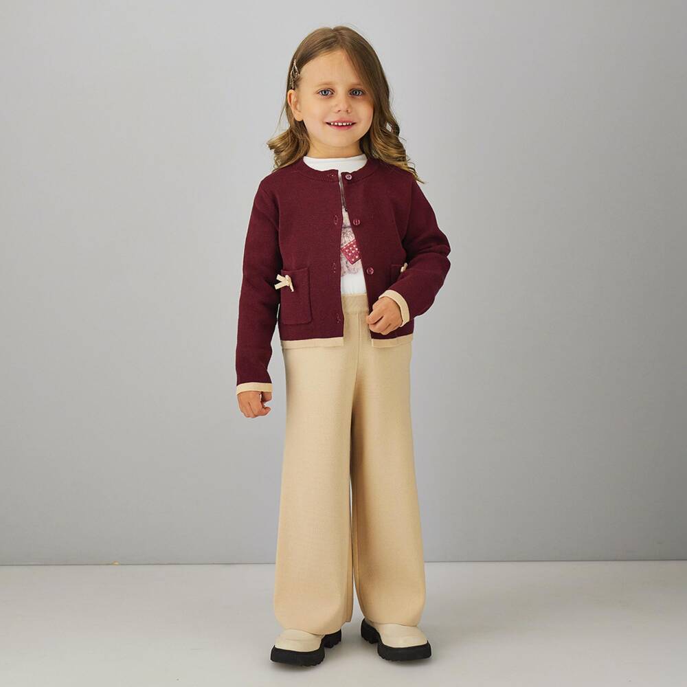 iDO-Girls Burgundy Knitted Cardigan with Beige Trims | Childrensalon