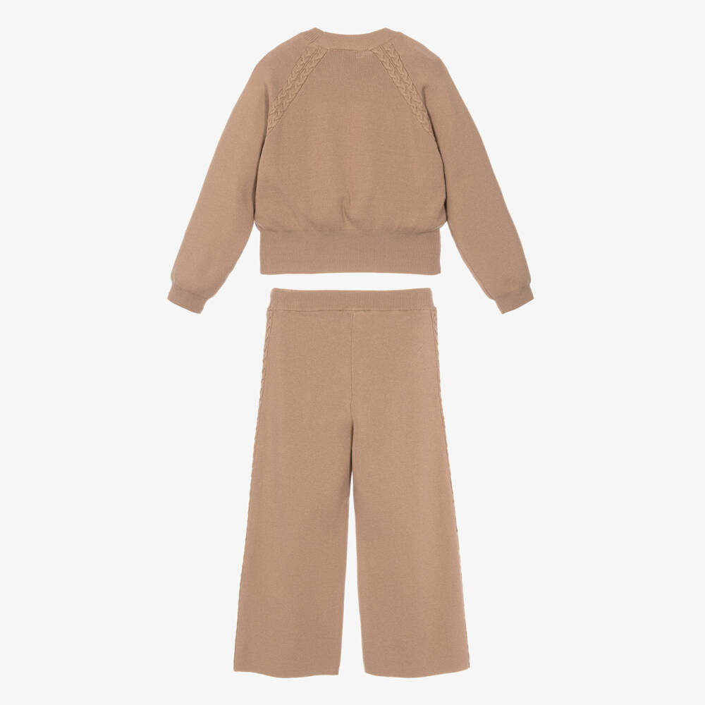 iDO-Girls Camel Brown Jersey Knit Trousers Set | Childrensalon