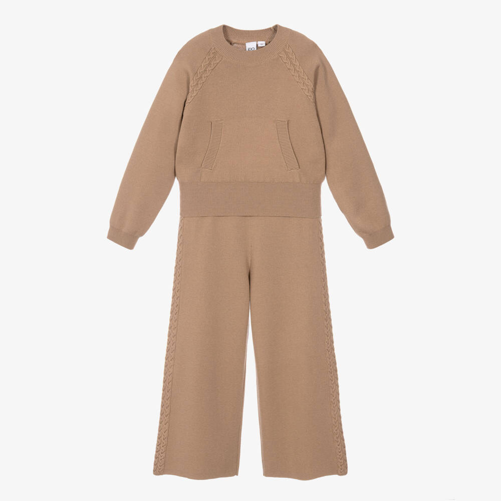 iDO-Girls Camel Brown Jersey Knit Trousers Set | Childrensalon