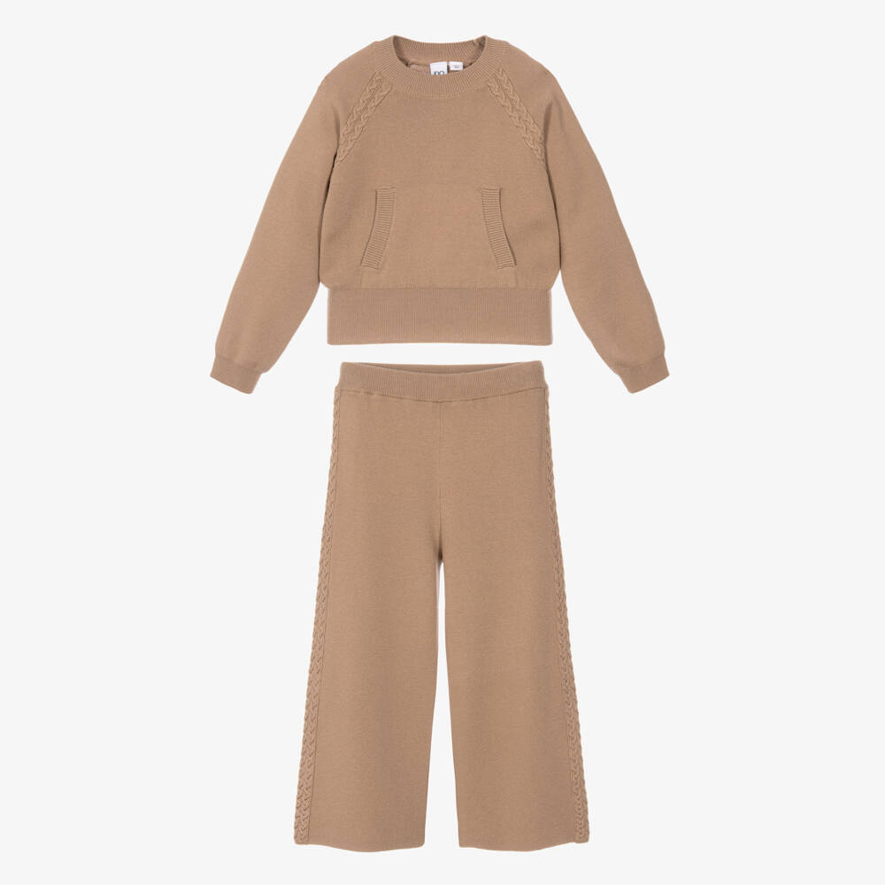 iDO-Girls Camel Brown Jersey Knit Trousers Set | Childrensalon