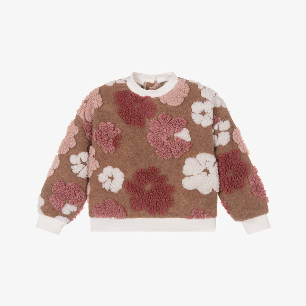 iDO-Girls Dark Beige Sweatshirt with Pink Teddy Fleece Flowers | Childrensalon