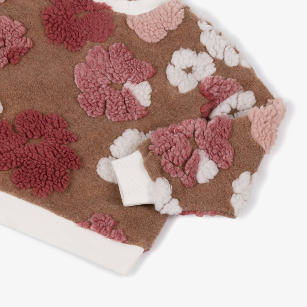 iDO-Girls Dark Beige Sweatshirt with Pink Teddy Fleece Flowers | Childrensalon