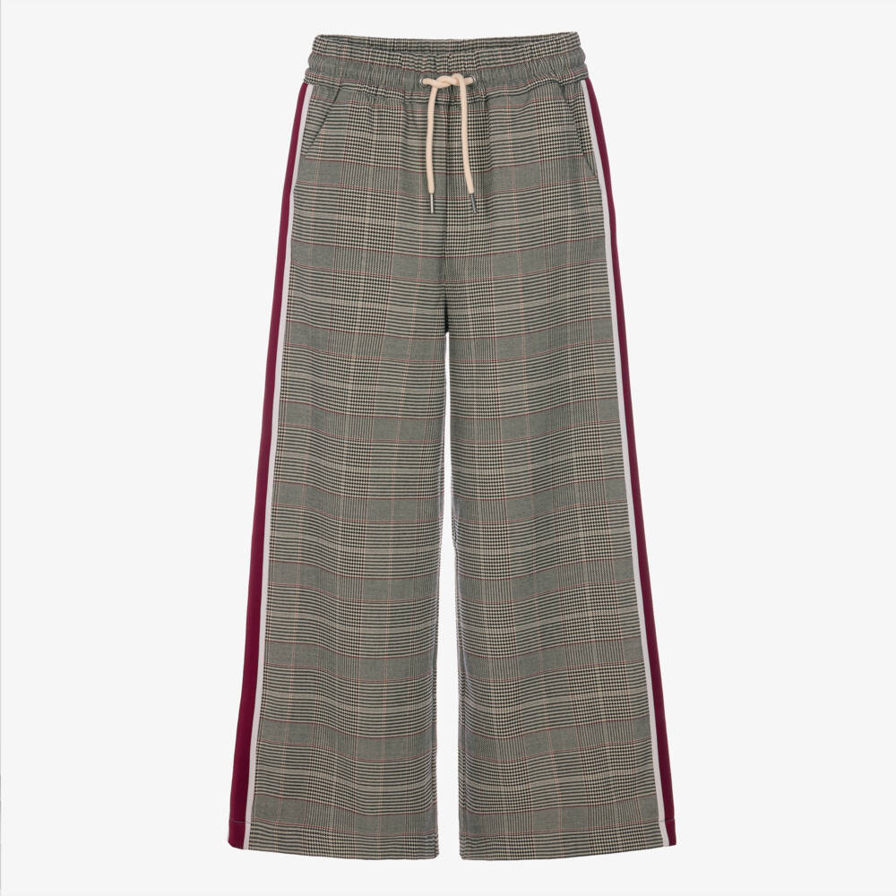 iDO-Girls Grey & Beige Check Trousers with Burgundy Trim | Childrensalon
