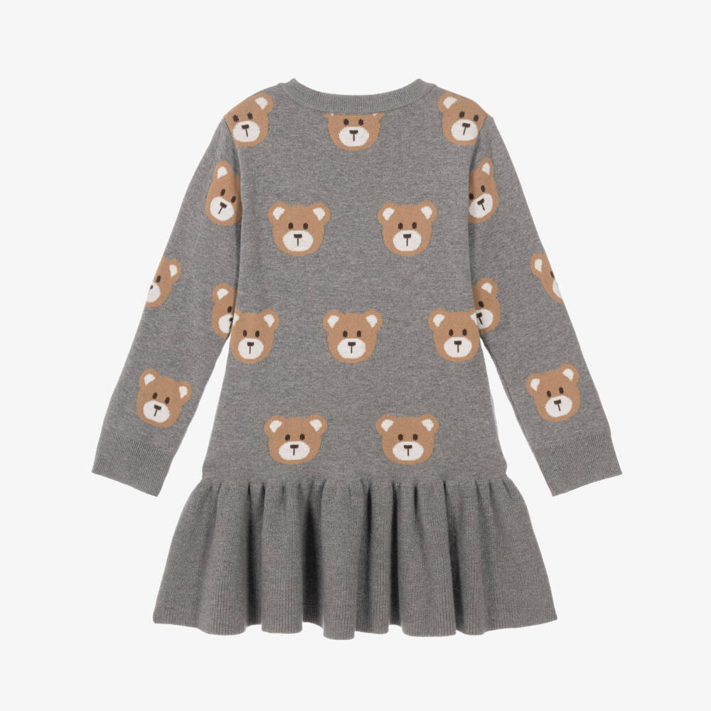 iDO-Girls Grey Cotton Knit Teddy Bear Dress | Childrensalon