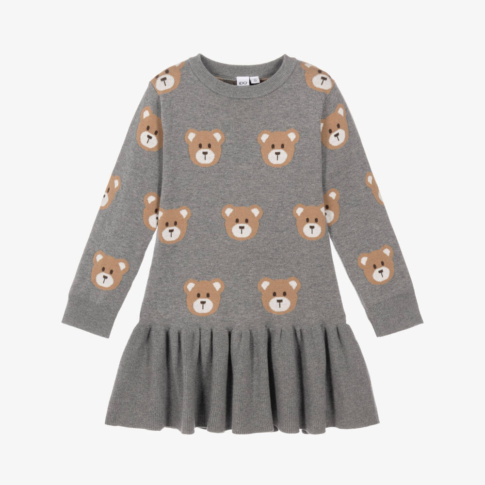 iDO-Girls Grey Cotton Knit Teddy Bear Dress | Childrensalon