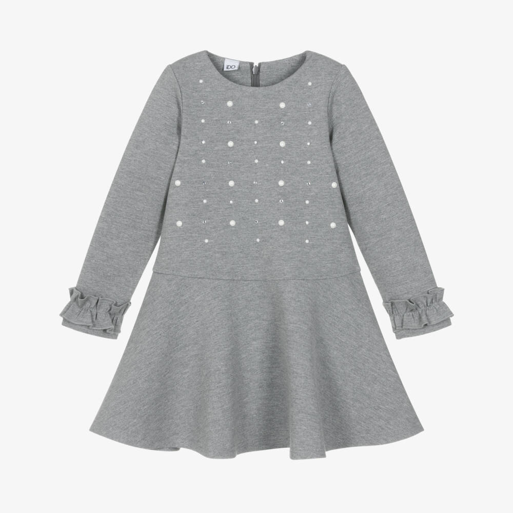 iDO-Girls Grey Jersey Dress with Diamantés and Ruffle Trims | Childrensalon