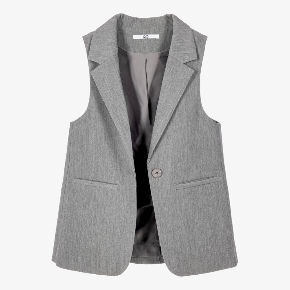 iDO-Girls Grey Single Button Sleeveless Blazer | Childrensalon