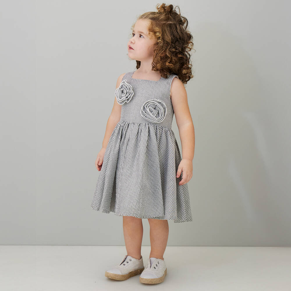 iDO-فستان سيرساكر مقلم لون رمادي وأبيض للبنات | Childrensalon