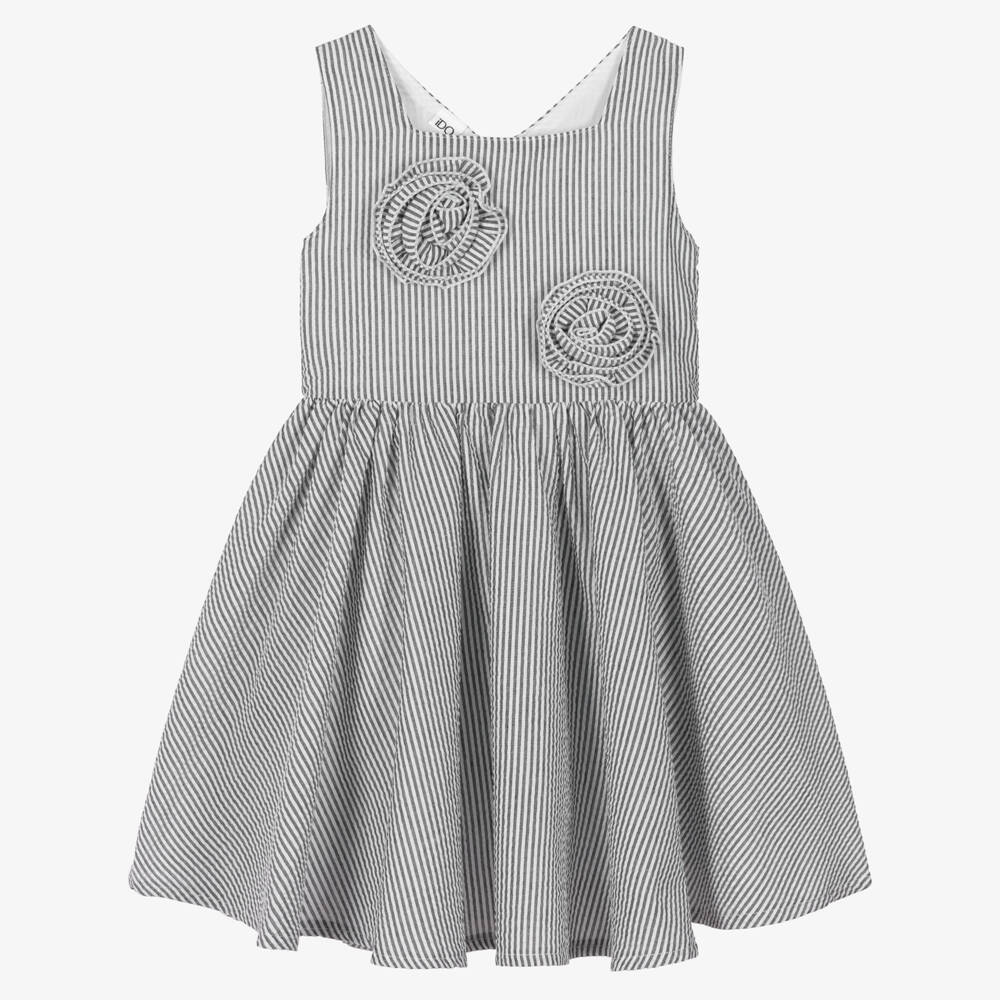 iDO-Girls Grey & White Striped Seersucker Dress | Childrensalon