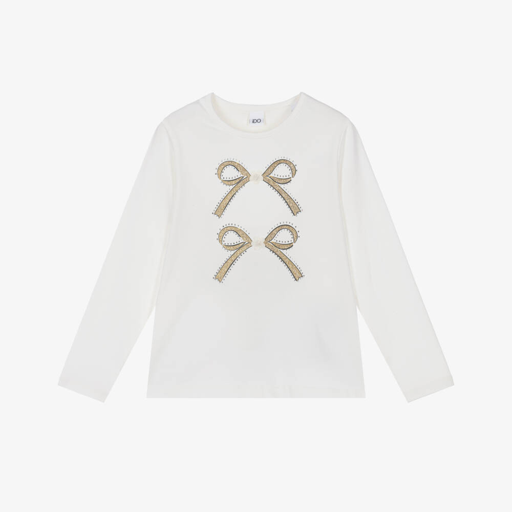 iDO-Girls Ivory Cotton Jersey Long-Sleeved Top with Gold Bows | Childrensalon