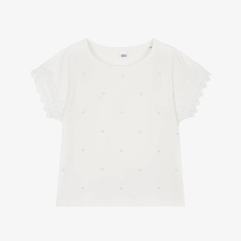 iDO-تيشيرت قطن بتطريز دانتيل لون عاجي للبنات | Childrensalon