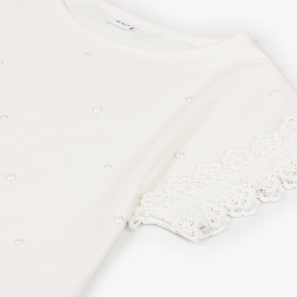 iDO-Футболка кремовая из хлопка с кружевной вышивкой для девочек | Childrensalon