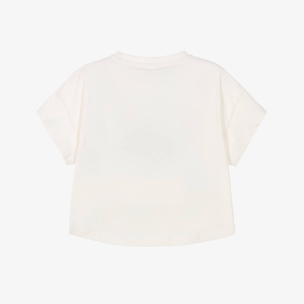 iDO-Girls Ivory Cotton T-Shirt with Rhinestones and Animal Print | Childrensalon
