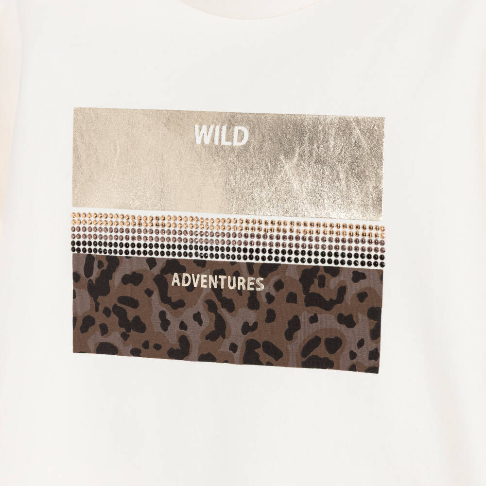 iDO-Girls Ivory Cotton T-Shirt with Rhinestones and Animal Print | Childrensalon