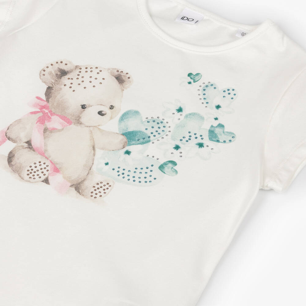 iDO-Футболка кремовая хлопковая с мишкой и стразами для девочек | Childrensalon