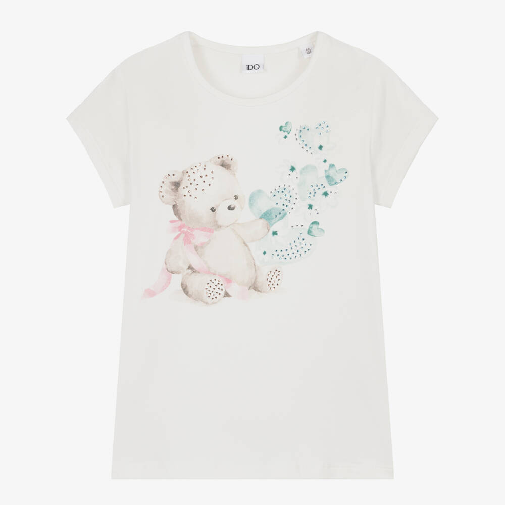 iDO-Girls Ivory Cotton Teddy & Diamanté T-Shirt | Childrensalon