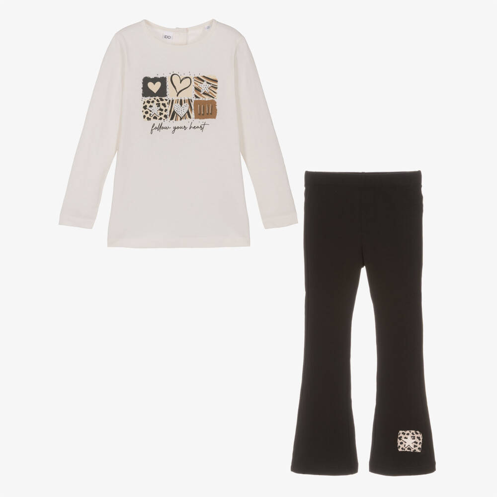 iDO-Girls Ivory Cotton Top & Black Flared Leggings Set | Childrensalon