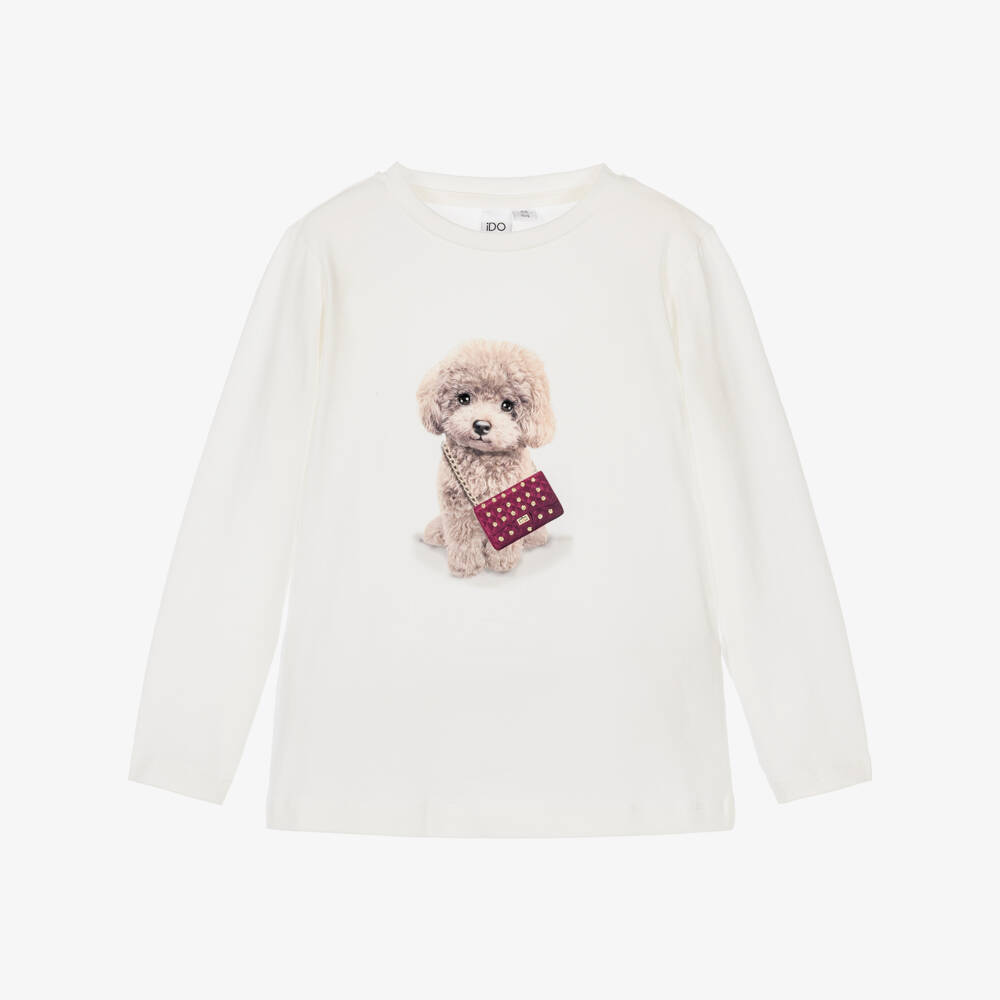 iDO-Girls Ivory Cotton Top with Puppy Print | Childrensalon