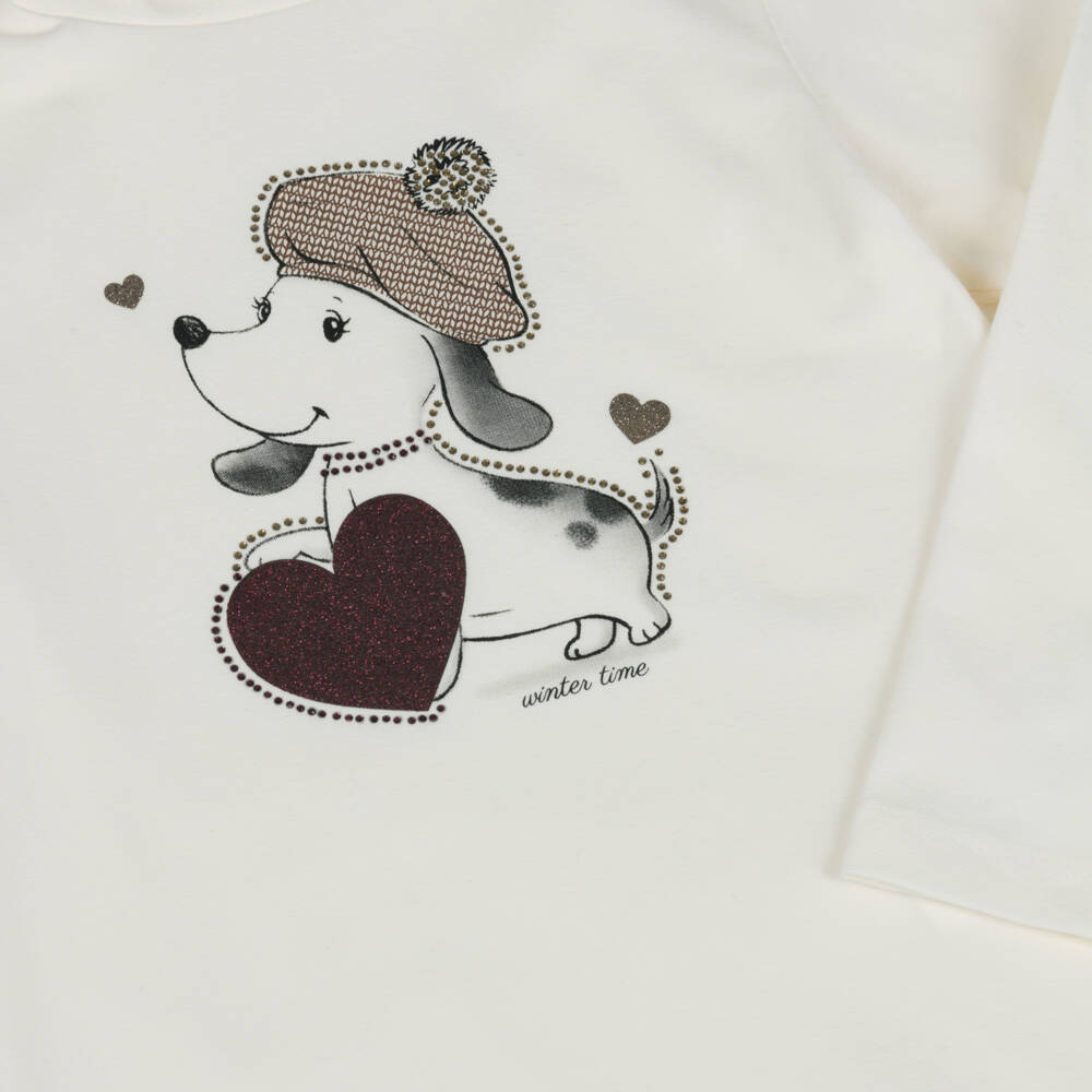 iDO-Girls Ivory Cotton Turtleneck Top with Puppy Print | Childrensalon