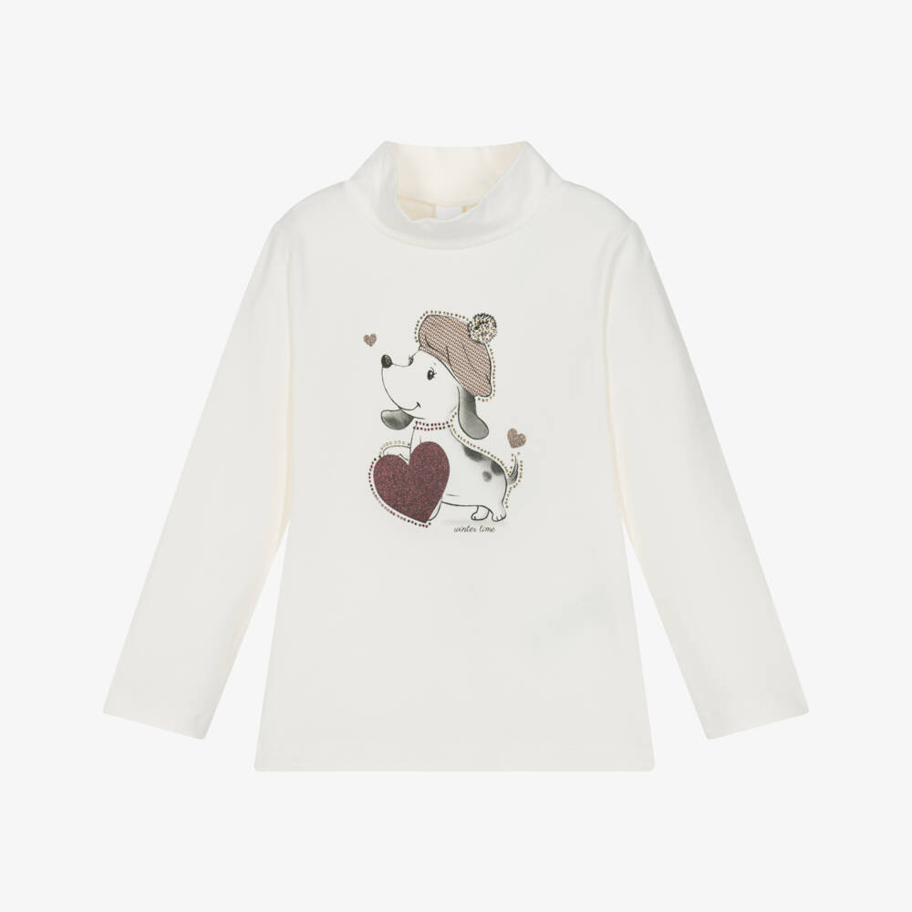 iDO-Girls Ivory Cotton Turtleneck Top with Puppy Print | Childrensalon